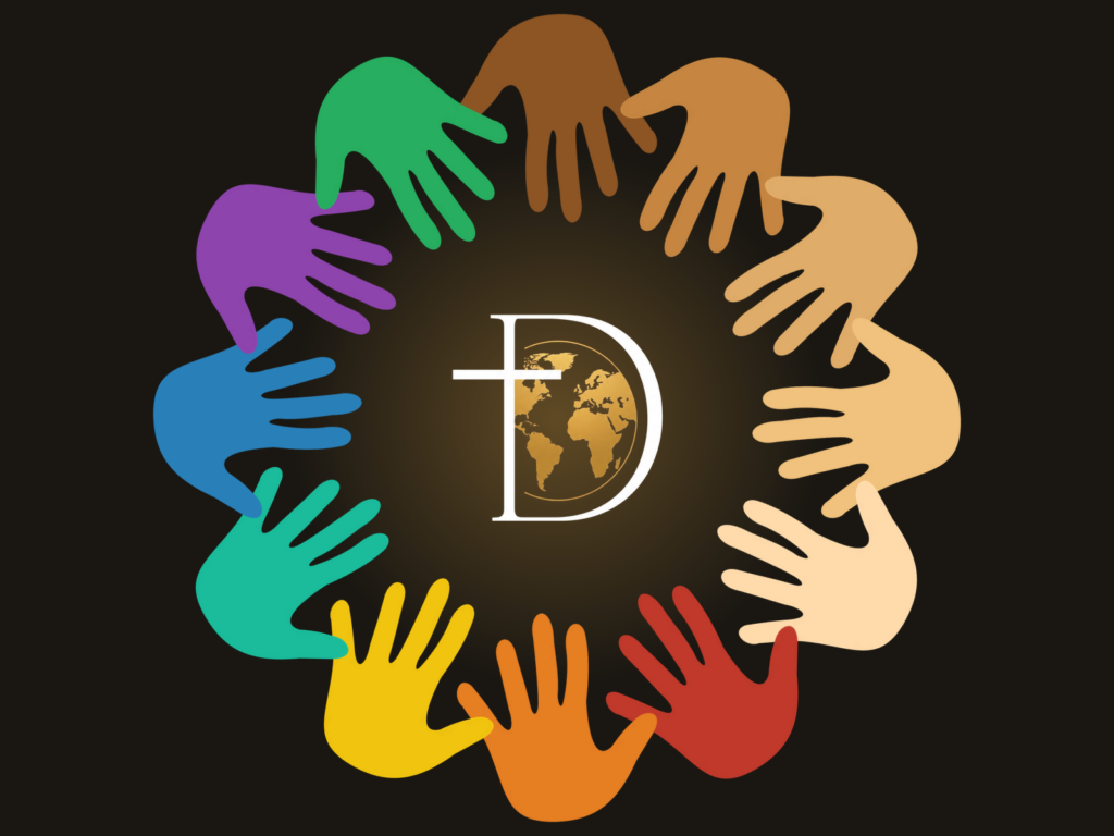 Manos de diversos colores unidas alrededor del logo de Diplomacia de Fe